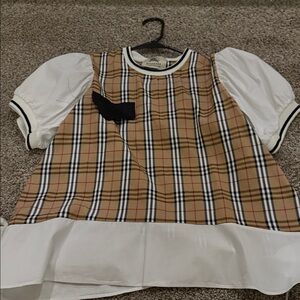 Burberry Tan Plaid Blouse with White Sleeves